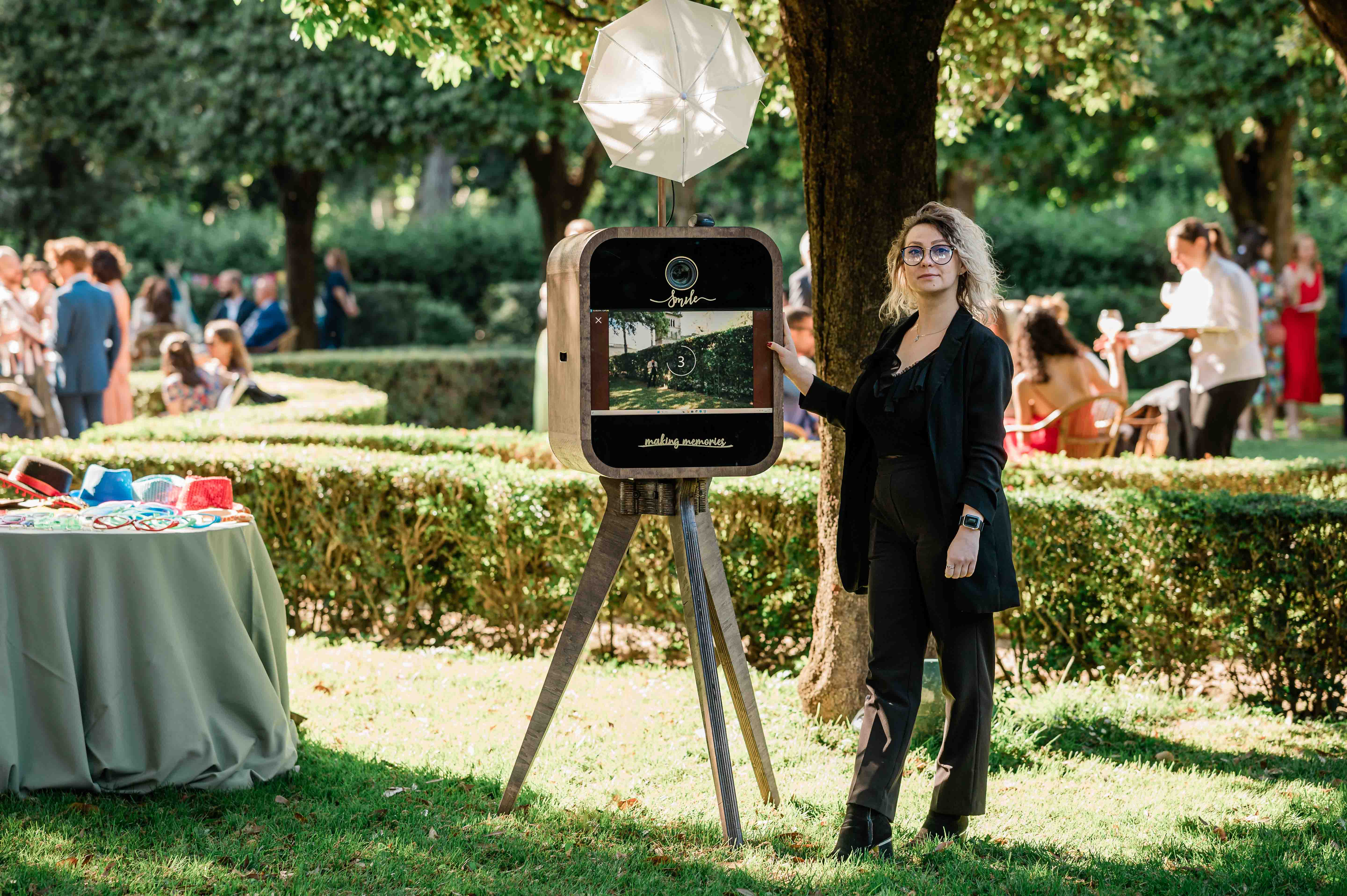 Pro Selfie handcrafted vintage wood photo booth set up in the garden of a historic Roman villa